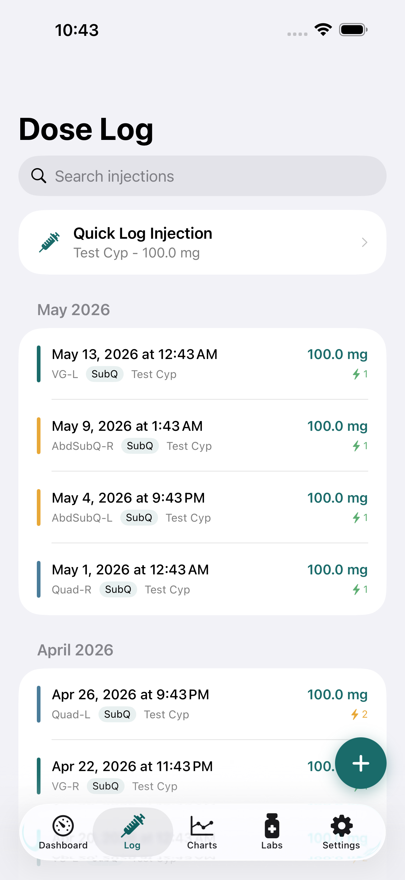 PinPoint dose log, a chronological list of recorded testosterone injections with dose, ester, and timestamp.