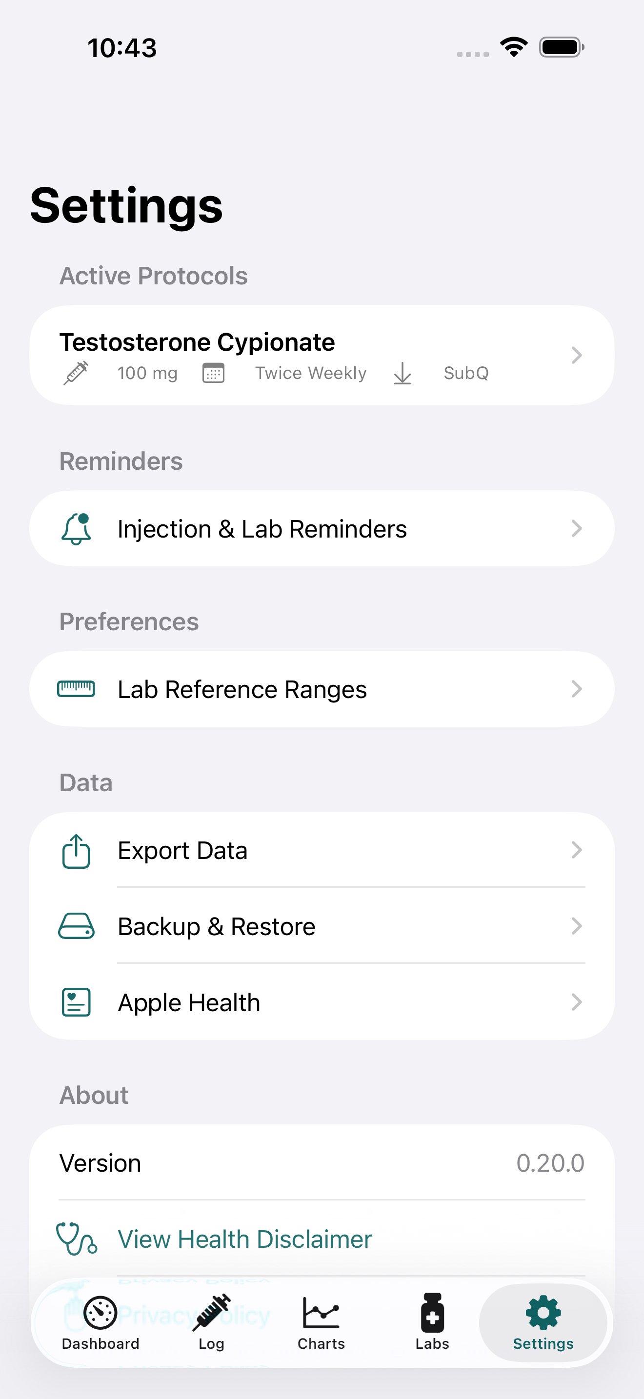 PinPoint settings showing reminder, HealthKit, and reference-range controls.