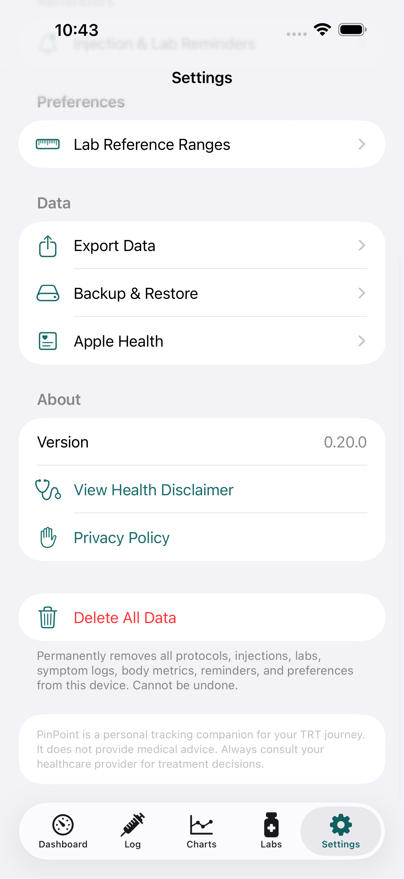 PinPoint settings scrolled to the Export Data button and the Delete All Data action.